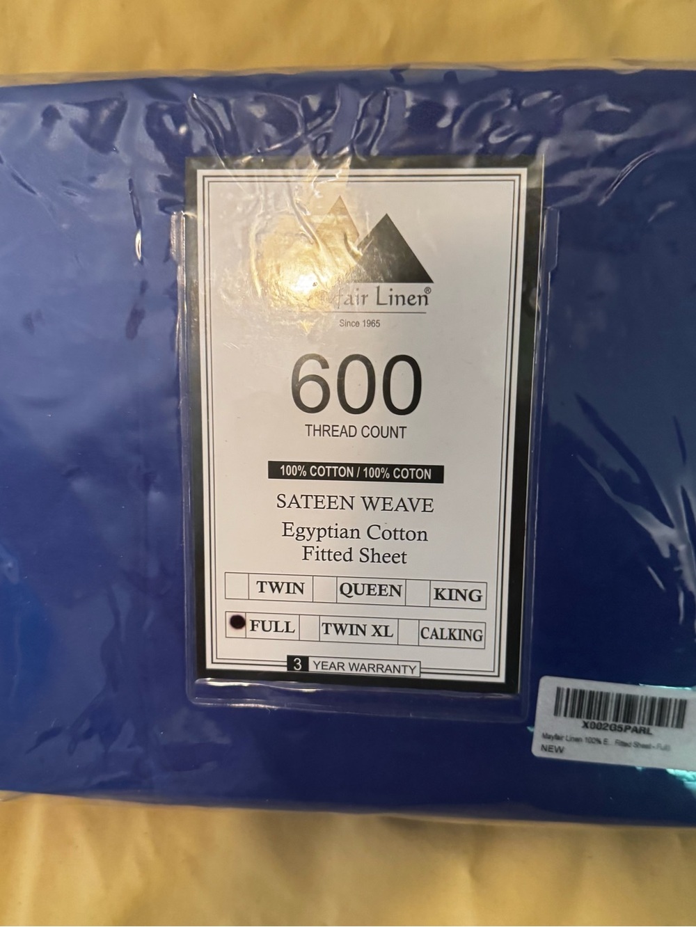 600-Thread Count Egyptian Cotton Sateen Fitted Sheet - Blue
